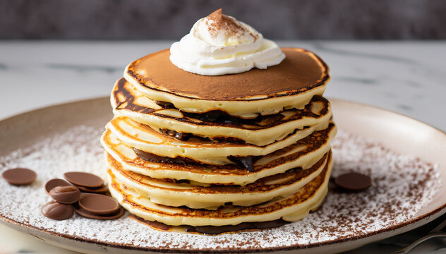 pancakes stack with cream and shugar powder