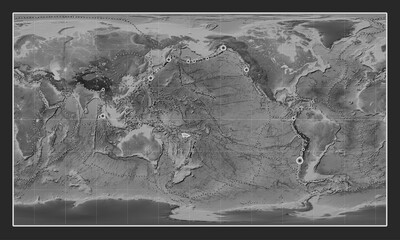 Balmoral Reef tectonic plate. Grayscale. Patterson Cylindrical. Earthquakes and boundaries