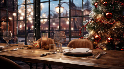 Fototapeta na wymiar Christmas cafe interior with tree. Generative AI