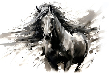 Horse illustration with Chinese brush stroke calligraphy in black and grey drawing inking - obrazy, fototapety, plakaty