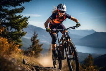 Naklejka premium Mountain biking woman riding on bike in summer mountains forest landscape. Generative AI