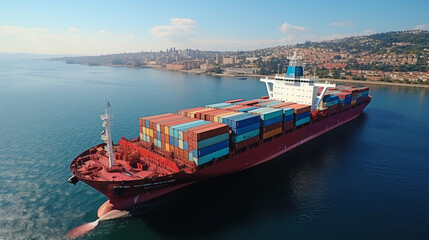 Fototapeta premium container ship cruise on the sea, aerial view, afternoon, clear water, 
