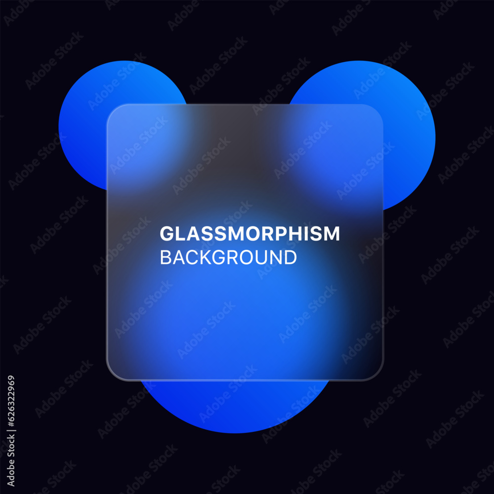 Poster glassmorphism background banner with transparent glass frame template . Realistic Frosted glass morphism effect with blurred abstract gradient blue circle shapes. Vector illustration