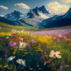 Fototapeta premium Pastoral landscape, alpine meadow with flowers and mountains