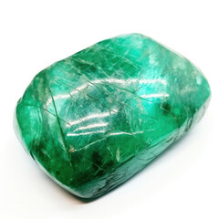 A large green stone on a white surface