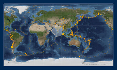 Indian tectonic plate. Satellite. Patterson Cylindrical. Earthquakes and boundaries