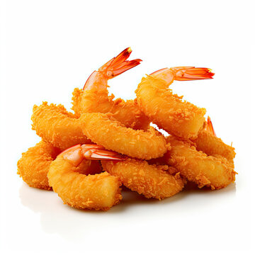 A delicious pile of fried shrimp on a clean white background