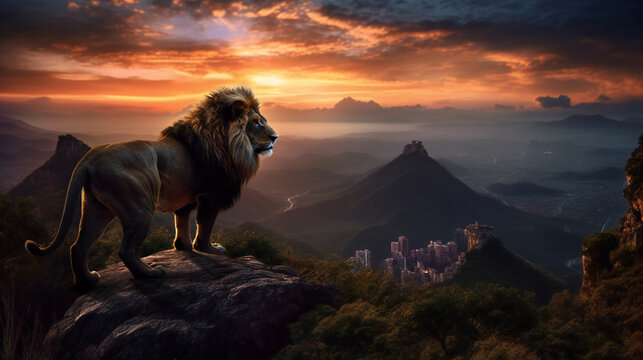 photo of lion on top of the mountain, generative ai
