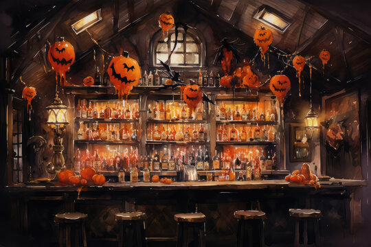 Halloween cafe interior design with pumpkin. Generative AI