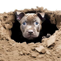 A curious puppy peeking out of a sandy hole