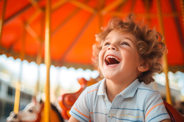 A happy young boy expressing excitement while on a colorful carousel, merry-go-round, having fun at an amusement park