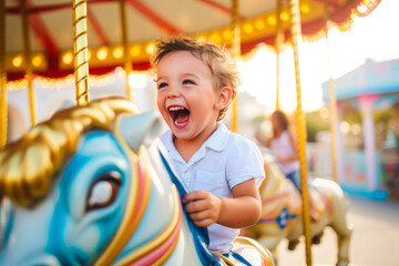 A happy young boy expressing excitement while on a colorful carousel, merry-go-round, having fun at an amusement park