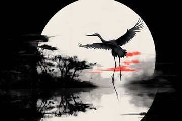 stork illustration in Chinese brush stroke calligraphy in black and grey drawing inking - obrazy, fototapety, plakaty