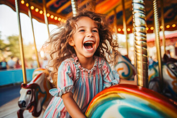 A happy young girl expressing excitement while on a colorful carousel, merry-go-round, having fun at an amusement park - obrazy, fototapety, plakaty
