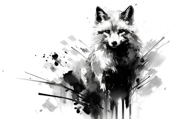 Fox in  Chinese brush stroke calligraphy in black and grey drawing inking - obrazy, fototapety, plakaty