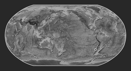 Kermadec tectonic plate. Grayscale. Robinson. Earthquakes and boundaries