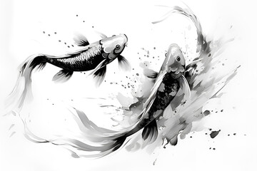 Koi fish illustration in Chinese brush stroke calligraphy in black and grey drawing inking - obrazy, fototapety, plakaty