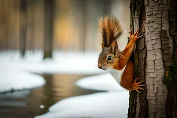 Schilderijen op glas Against the snowy backdrop, a resilient squirrel forages, its fluffy coat a testament to winter's embrace © Abdul