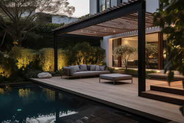 a lavish side outside garden at morning, with a teak hardwood deck and a black pergola. Scene in the evening with couches and lounge chairs by the pool, generative AI	
