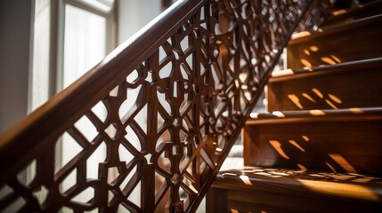 close up wooden railing furniture home decorative construction ideas concept wooden work craft handmade stair rail home background ,ai generate