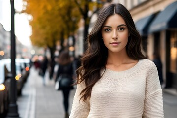 Obraz premium Close-up portrait of a woman with long hair in a warm autumn city street