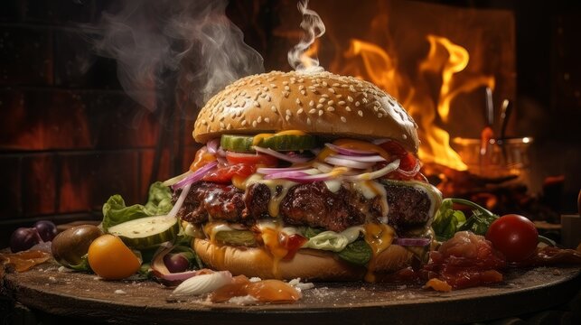hamburger on fire background