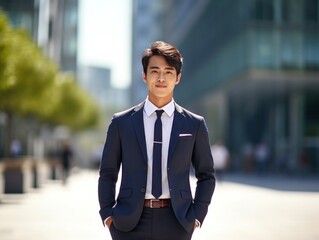 Fototapeta premium Photo of a successful Asian businessman in an office suit on the street near a business center. 