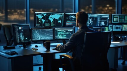 Naklejka premium Network operations center ( NOC) with technicians monitoring network traffic, troubleshooting issues, and ensuring network performance