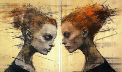 two faces of woman depicting a sad mood or a mental disorder