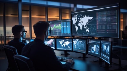 Network operations center ( NOC) with technicians monitoring network traffic, troubleshooting issues, and ensuring network performance