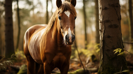 Naklejka premium Portrait of a horse in a forest. Sunset. Autumn forest