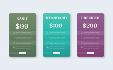 Modern pricing table design with colorful subscription plans,
