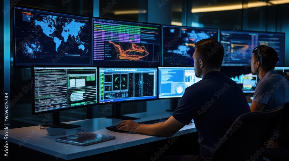 Sticker network operations center ( noc) with technicians monitoring network traffic, troubleshooting issues