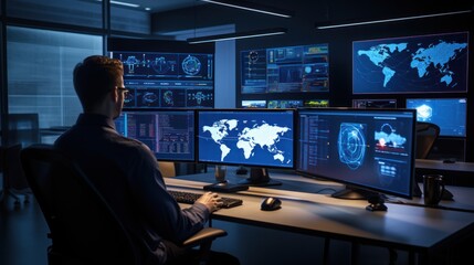 Naklejka premium Network operations center ( NOC) with technicians monitoring network traffic, troubleshooting issues, and ensuring network performance