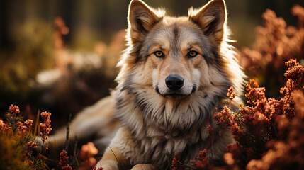 Portrait of a wolf in forest during sunset. Wolf. Grey wolf. Forest. Autumn. Sunset