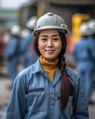 Fototapeta na wymiar Beatiful confidence asian woman builder worker in uniform and safety helmet smilling. Labour day