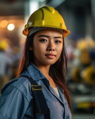 Beatiful confidence asian woman builder worker in uniform and safety helmet smilling. Labour day