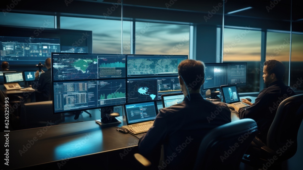Sticker network operations center ( noc) with technicians monitoring network traffic, troubleshooting issues