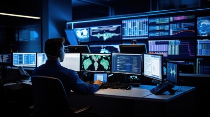 Naklejka premium Network operations center ( NOC) with technicians monitoring network traffic, troubleshooting issues, and ensuring network performance