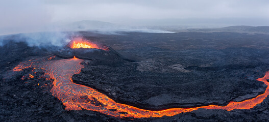 Aerial Panoramic view of Volcano Eruption, Litli-Hrútur Hill, Fagradalsfjall Volcano System in...
