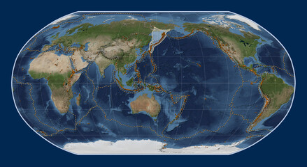 Okhotsk tectonic plate. Satellite. Robinson. Volcanoes and boundaries - obrazy, fototapety, plakaty