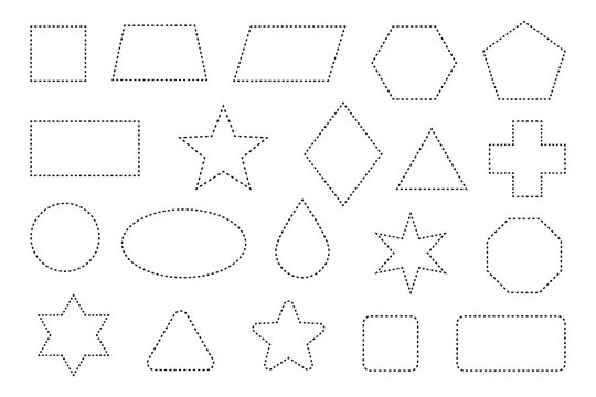 Dash line shapes. Dashed outline of circle, square, star, triangle and oval for coupon. Design of border for basic geometric shapes. Icon of cut frame. Vector illustration.