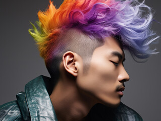 young asian man with rainbow hairstyle. People lifestyle fashion lgbtq concept. AI generative