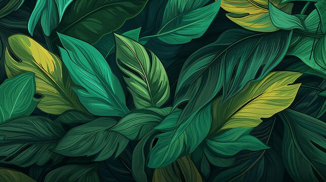 the painted tropical pattern on green leaves background
pattern, leaf, seamless, vector, wallpaper