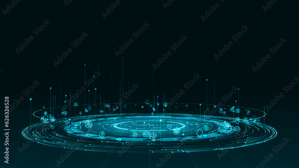 Poster blue digital ai logo with particle ring circle rotation and ai technology icon on futuristic abstrac