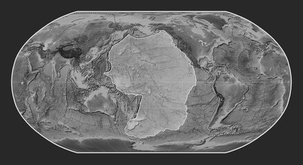 Pacific tectonic plate. Grayscale. Robinson. Boundaries