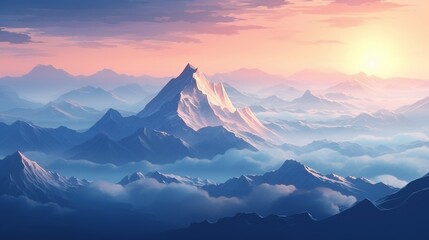 Beautiful mountain range at sunrise above the clouds, AI-generative