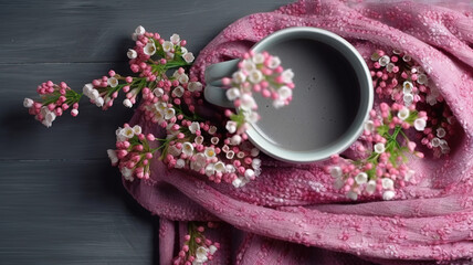 Top view photo of cup of frothy coffee gypsophila flowers and pink scarfs. Generative Ai