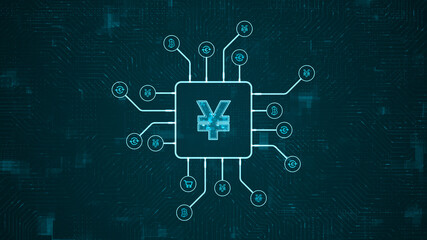 Blue digital money logo and futuristic HUD technology circuit board with money icon and data transfer on abstract background crypto currency finance and digital money concepts