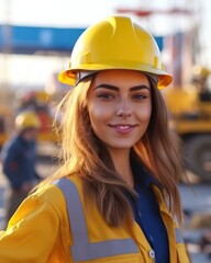 Beatiful confidence woman builder worker in uniform and safety helmet smilling. Labour day. 